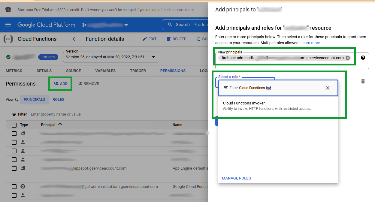 Google Cloud Functions Add Principal